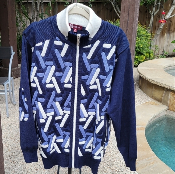 Nwot Silversilk Men's Blue white Woven Zip-Up Cardigan Sweater M - Picture 1 of 14